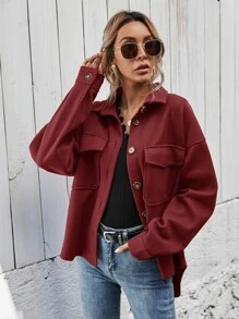 SHEIN Frenchy Túi có nắp Thả vai Áo khoác - Màu Đỏ Sâu - Xem 6