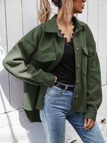 SHEIN Frenchy Abrigo con bolsillo con solapa bajo irregular - Verde militar - Ver 5