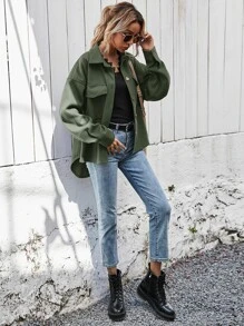 SHEIN Frenchy Abrigo con bolsillo con solapa bajo irregular - Verde militar - Ver 6