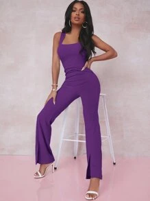 SHEIN SXY 開衩下擺傘狀腿連身長褲 - 紫羅蘭色 - 查看 4