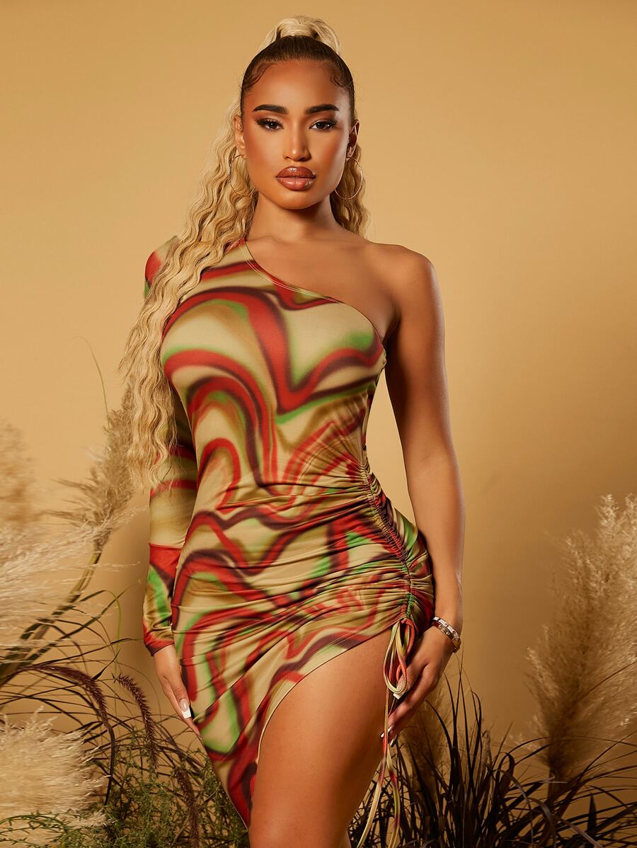 SHEIN SXY Marble Print One Shoulder Drawstring Asymmetrical Hem Bodycon Dress - Multicolor - View 1
