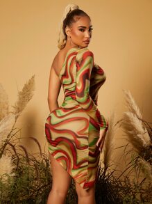 SHEIN SXY Marble Print One Shoulder Drawstring Asymmetrical Hem Bodycon Dress - Multicolor - View 2
