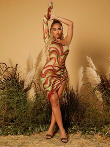 SHEIN SXY Marble Print One Shoulder Drawstring Asymmetrical Hem Bodycon Dress - Multicolor - View 3