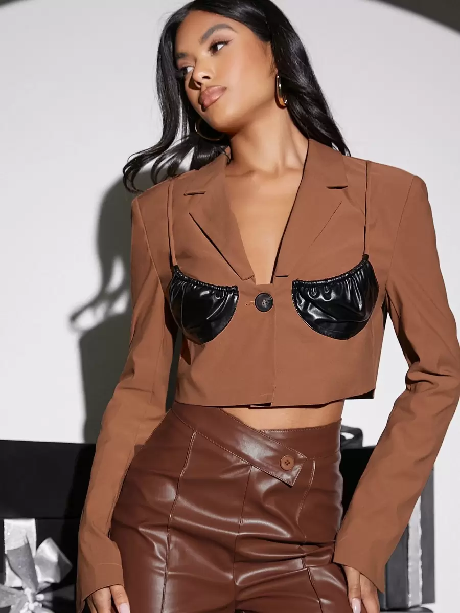 SHEIN BAE 秋冬撞色 PU 皮革单扣短款西装外套 - 鏽棕色 - 查看 1