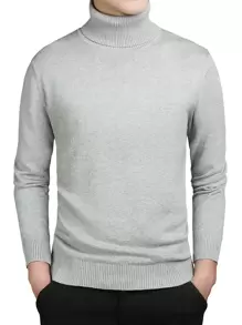 Hombres Jersey de cuello cisne tejido de canalé unicolor - Gris Claro - Ver 1