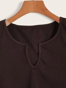 ROMWE クロップシャツ ソリッド ノッチレック リブ - チョコレートブラウン - チェックする 4