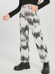 SHEIN Bé Gái Quần Jeans Nút Túi Dây kéo Cà vạt nhuộm - Nhiều màu - Xem 1