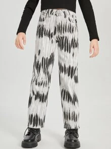 SHEIN Bé Gái Quần Jeans Nút Túi Dây kéo Cà vạt nhuộm - Nhiều màu - Xem 3