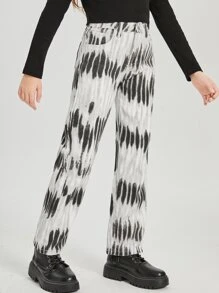 SHEIN Bé Gái Quần Jeans Nút Túi Dây kéo Cà vạt nhuộm - Nhiều màu - Xem 4