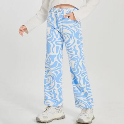 Girls Allover Print Wide Leg Jeans