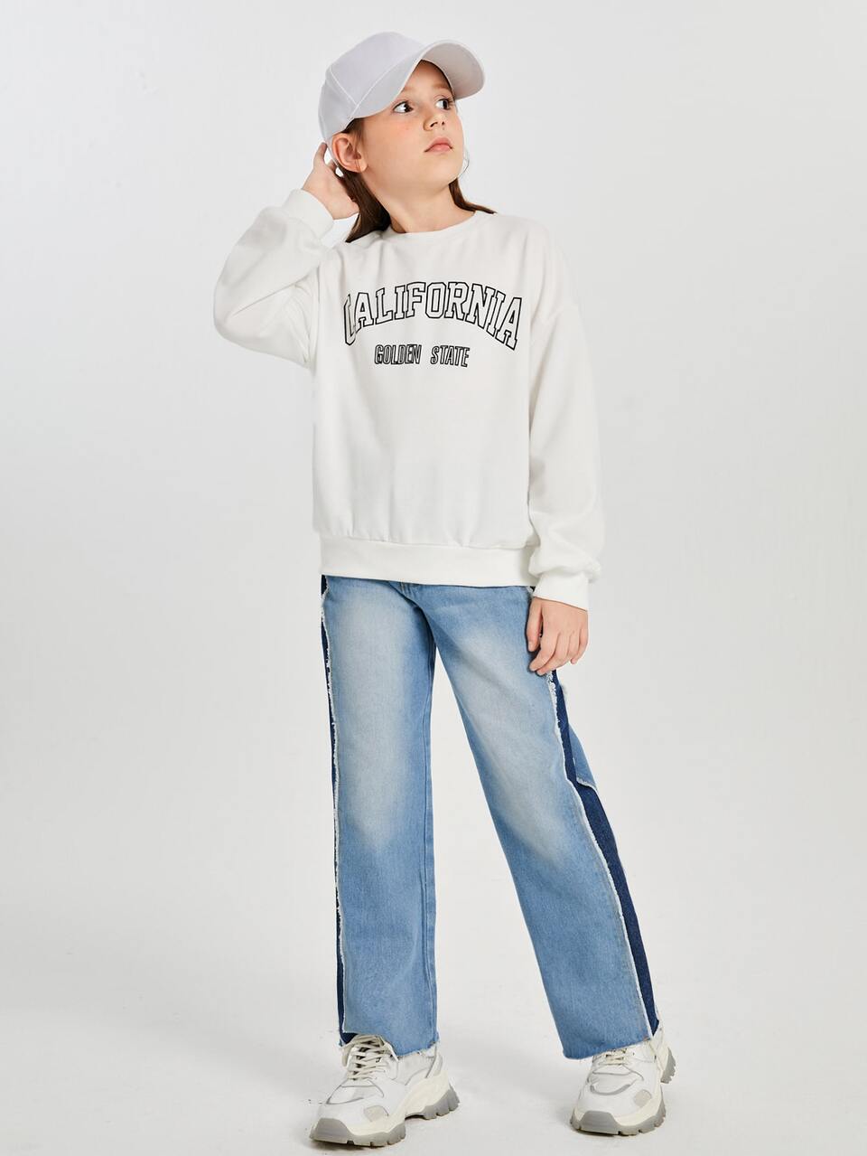 Girls Contrast Sideseam Wide Leg Jeans