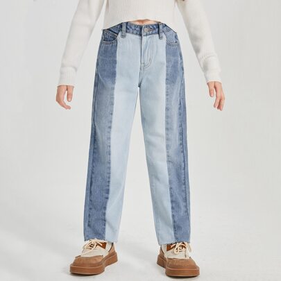 Girls Colourblock Raw Hem Wide Leg Jeans
