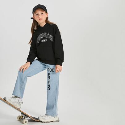 Girls Slogan Graphic Jeans
