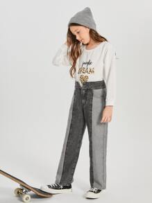 SHEIN Niñas Jeans de talle alto de color combinado de pierna ancha - Gris - Ver 5