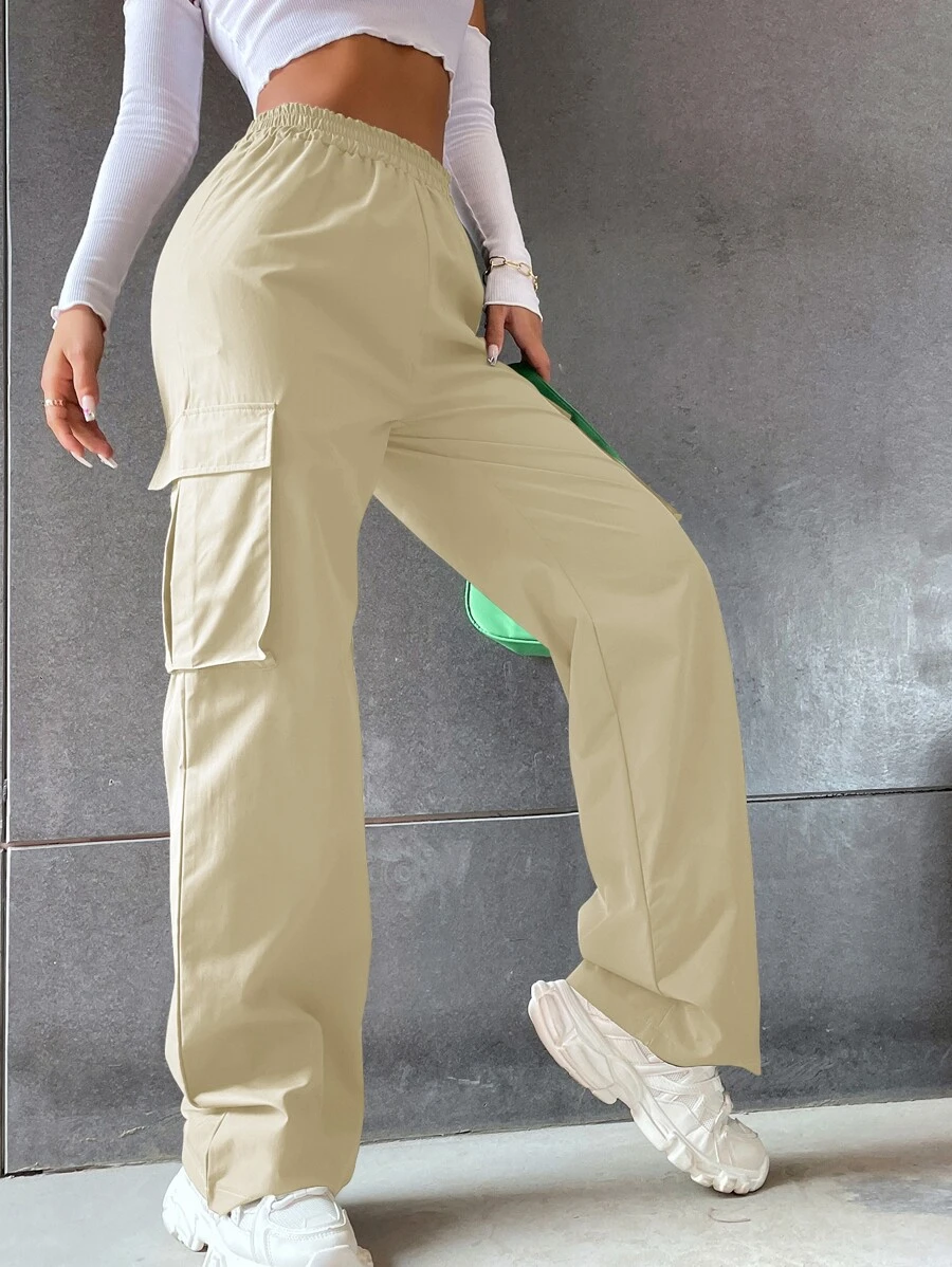 SHEIN Unity Pantalones cargo unicolor de talle alto con bolsillo con solapa - Caqui - Ver 1