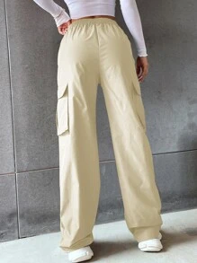 SHEIN Unity Pantalones cargo unicolor de talle alto con bolsillo con solapa - Caqui - Ver 2