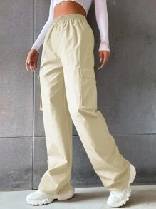 SHEIN Unity Pantalones cargo unicolor de talle alto con bolsillo con solapa - Caqui - Ver 3