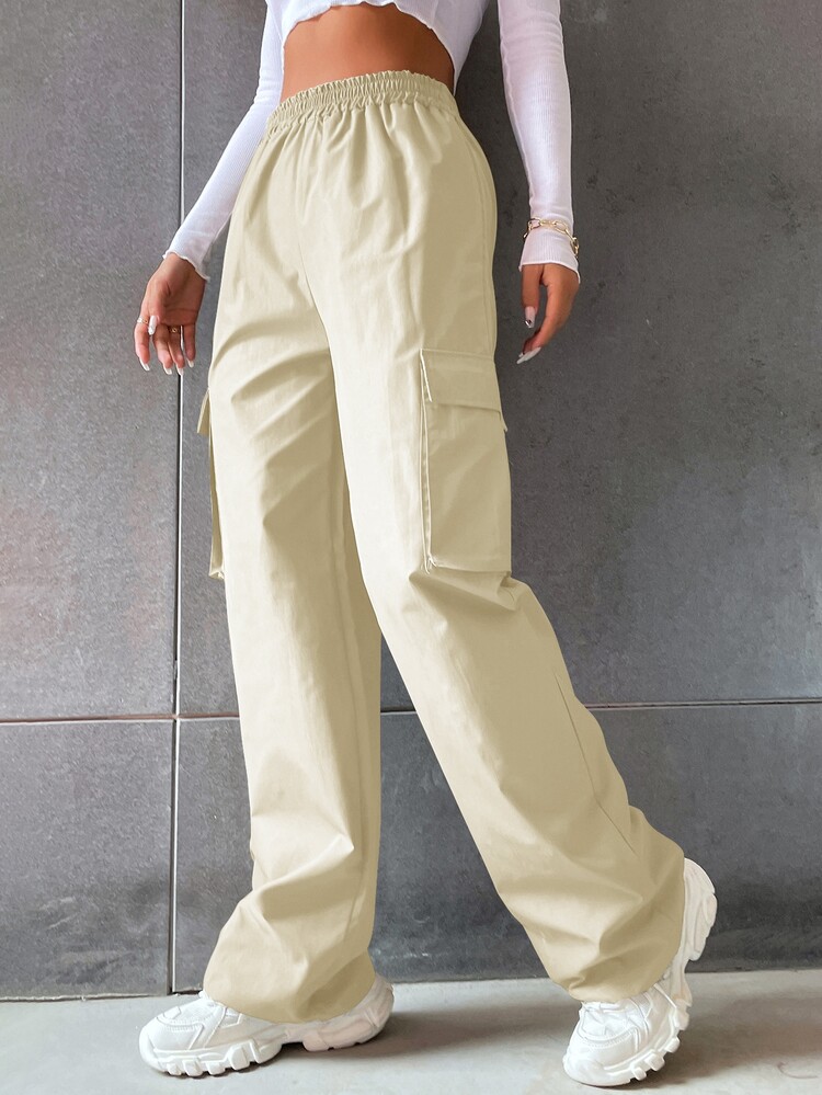 SHEIN Unity Solid High Waist Flap Pocket Cargo Pants - Khaki - View 3
