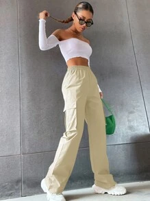 SHEIN Unity Pantalones cargo unicolor de talle alto con bolsillo con solapa - Caqui - Ver 4