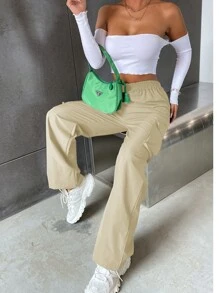 SHEIN Unity Pantalones cargo unicolor de talle alto con bolsillo con solapa - Caqui - Ver 6