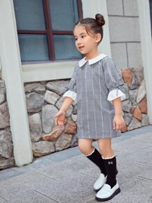 SHEIN Leap Crew 少女格紋印花荷葉袖裙