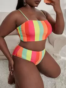 SHEIN Slayr Summer Beach Plus Size Colorful Striped Bikini Set Cami Top & High Waisted Bottom 2 Pieces Bikini - Multicolor - View 1