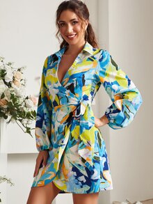 印花燈籠袖側繫帶圍裹式洋裝 - 彩色 - 查看 4