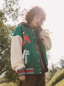 男士1入組字母貼布前紐扣復古學院風夾克 - 彩色 - 查看 6