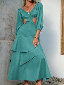 Simplee V Neck Lantern Sleeve Cut Out Dress - Cadet Blue - View 3