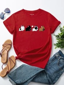 SHEIN LUNE Dog And Heart Print Tee - Burgundy - View 1