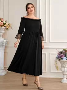 Plus Heart Mesh Flounce Sleeve Frill Trim Off Shoulder Dress - Black - View 1
