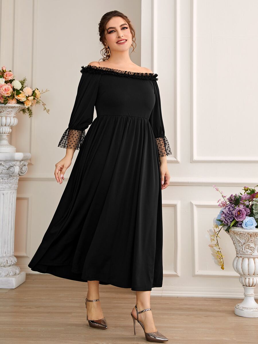 Plus Heart Mesh Flounce Sleeve Frill Trim Off Shoulder Dress - Black - View 1