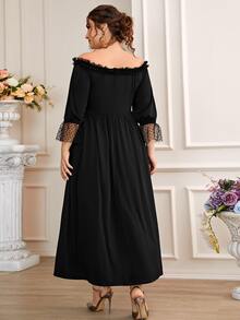 Plus Heart Mesh Flounce Sleeve Frill Trim Off Shoulder Dress - Black - View 2