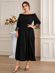 Plus Heart Mesh Flounce Sleeve Frill Trim Off Shoulder Dress - Black - View 3