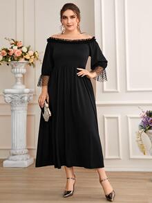 Plus Heart Mesh Flounce Sleeve Frill Trim Off Shoulder Dress - Black - View 5