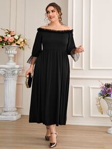 Plus Heart Mesh Flounce Sleeve Frill Trim Off Shoulder Dress - Black - View 6