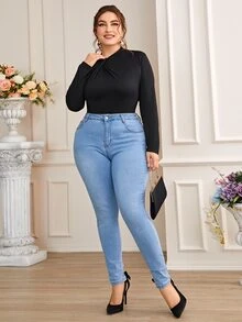 Plus Solid Ruched Bodysuit - Black - View 4