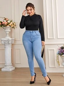 Plus Solid Ruched Bodysuit - Black - View 5