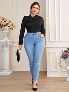 Plus Solid Ruched Bodysuit - Black - View 6