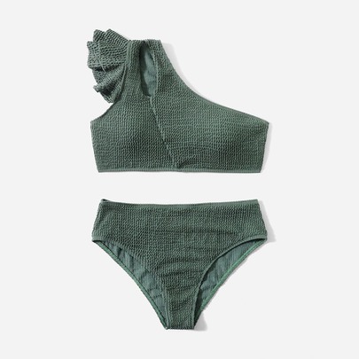 Textured Ruffle Trim One Shoulder Bikini Swimsuit