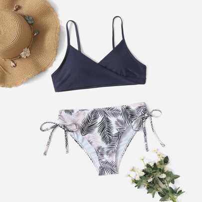 Leaf Print Drawstring Side Bikini Swimsuit