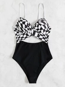 SHEIN Swim Summer Beach Plaid Twist Front Push Up One Piece Swimsuit - Black - View 5
