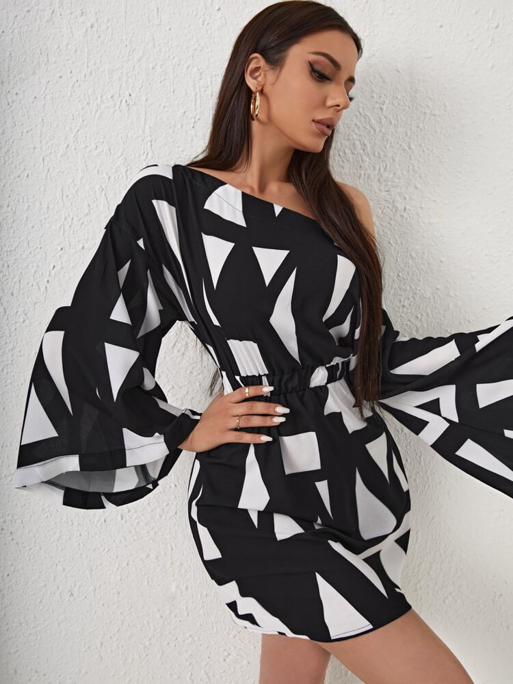 Geo Print Trumpet Sleeve Dress