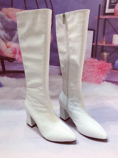 Crocodile Embossed Side Zipper Chunky Heeled Boots