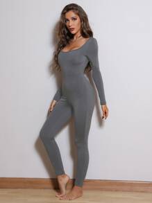 Solid Scoop Neck Unitard Jumpsuit - Grey - View 1
