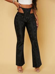 SHEIN SXY 蛇紋腰部鏤空PU皮革喇叭褲 - 黑色 - 查看 1