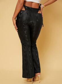 SHEIN SXY 蛇紋腰部鏤空PU皮革喇叭褲 - 黑色 - 查看 2