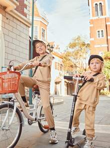 SHEIN Toddler Boys Crew Neck Pullover & Joggers Set - Khaki - View 3