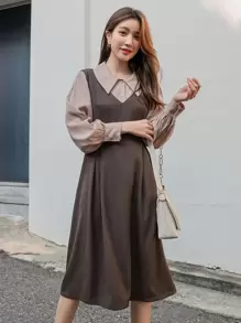 DAZY Váy không tay có khóa kéo phía sau & áo cánh tay bồng, nhún bèo, bộ đồ hai mảnh cho nữ, quần áo mùa thu - Nhiều màu - Xem 1