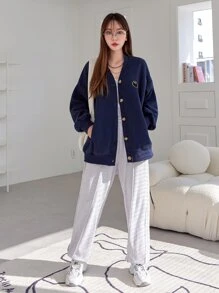 Thêu Hoạt hình Thả vai Áo nỉ - Màu xanh hải quân - Xem 8